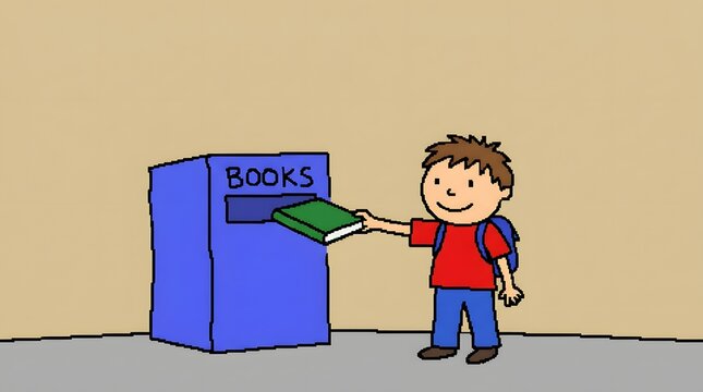 Boy returning book to library box cartoon illustration showing kid donating reading material to blue drop box with copy space and literacy promotion.