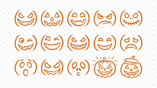 halloween pumpkin scary face expression spooky monster ghost horror doodle handmade ink scribble flat line art vector illustration icon bundle set calligraphy drawing design faces