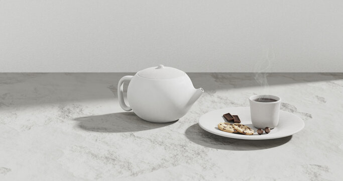 Concepto Minimalista 3D de Tetera y Taza de Caf&eacute; con Galletas