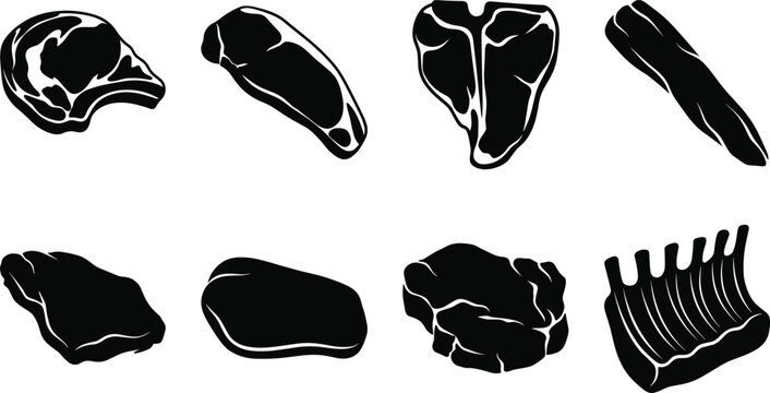 Set of raw meat cuts and steak silhouettes for culinary and restaurant design