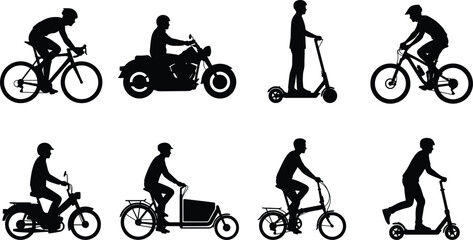 Obraz premium Set of Urban Commuter Silhouettes Featuring Bicycles, Motorcycles, and Electric Scooters