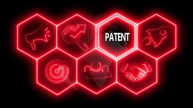 Business Patent concept animated on abstract technology background with rotating world map icon. Business, Technology, Internet and networking concept.