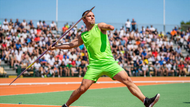 Determined para athlete with arm amputation executing perfect javelin throw