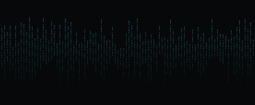 Digital audio equalizer graphic featuring glowing blue and cyan dashed lines forming sound waves against a solid dark black background.