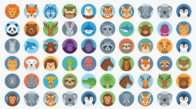 Colorful animal avatar head icons in circles set.