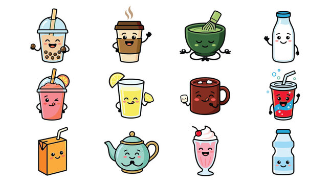 Cute anthropomorphic beverage and drink character icons.