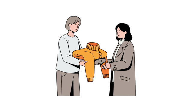 Two people exchanging a folded yellow garment representing sharing donation mutual aid or receiving a gift depicted with clean lines and a neutral presentation for diverse commercial