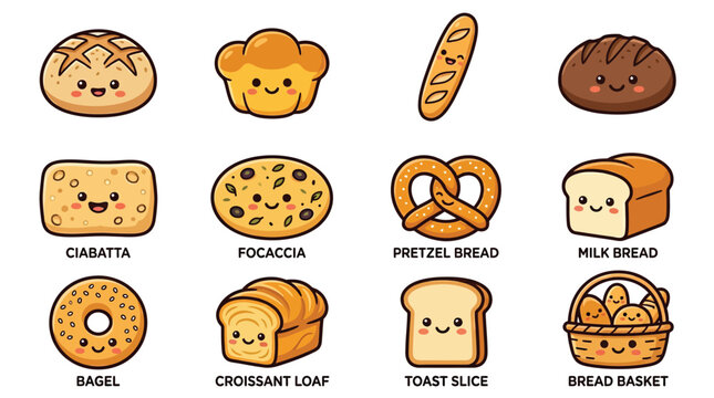 Cute labeled bakery products and bread icon collection.