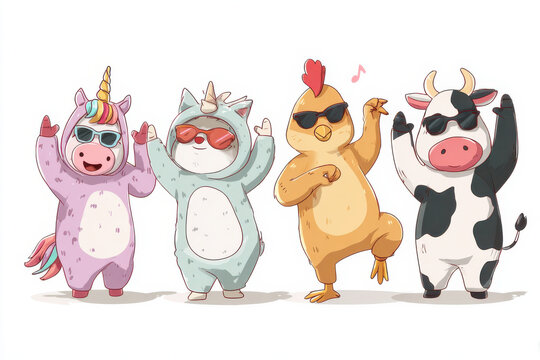 Cute animals wearing sunglasses dancing together