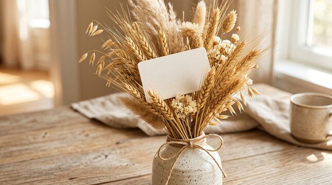 A blank gift card mockup tucked into a bouquet of dried wheat stalks, bright sun-drenched atmosphere, warm neutral tones, 