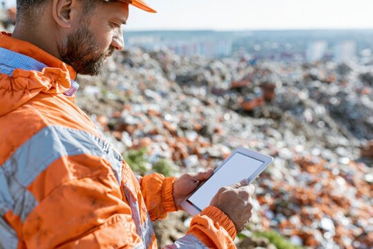 Worker in high-visibility jacket and hard hat using a tablet at a landfill site, monitoring operations.