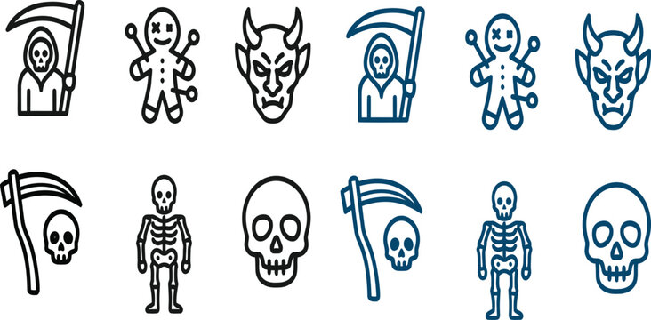 Halloween icons set including grim reaper devil skeleton and gingerbread man