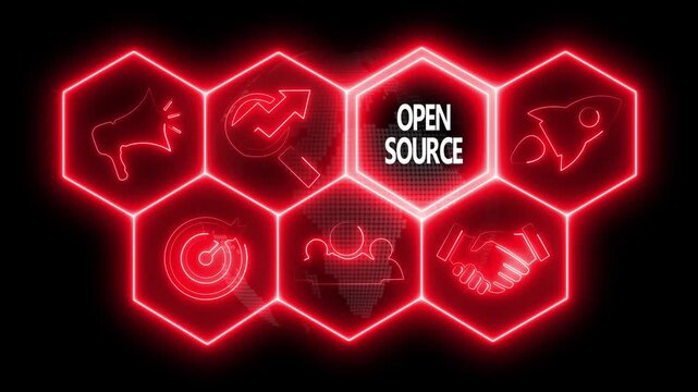 Business open source concept animated on abstract technology background with rotating world map icon. Business, Technology, Internet and networking concept.