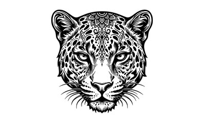 Fototapeta premium leopard, tattoo, face, animal, wildlife, predator, feline, head, bigcat, safari, spots, tribal, ornamental, fierce, strength, vector, illustration, black, white, isolated, print, design, emblem, masco