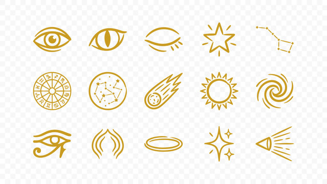 astrology celestial eye sun moon constellations space mystic doodle handmade ink scribble flat line art vector illustration icon bundle set calligraphy drawing design esoteric