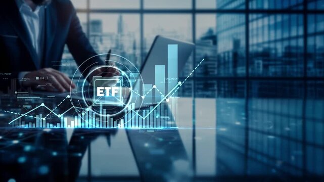 Businessman using laptop with glowing ETF investment interface and rising financial chart, illustrating diversified investing, portfolio growth, passive investing and long-term wealth management
