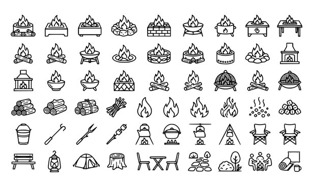 Bonfire and Camping Line Icon Set with Fire Pits Fireplaces Firewood Tents Chairs Lanterns and Outdoor Survival Symbols for Adventure App Graphic Designs