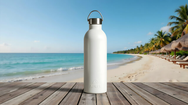 White reusable water bottle standing on a wooden deck overlooking a tropical beach with palm trees and sun loungers