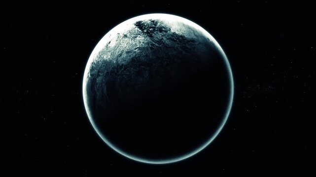 Dark planet or moon with bright rim light floating in black space