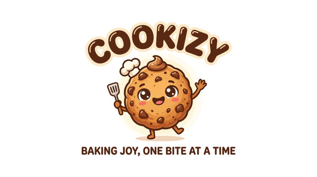 Happy chocolate chip cookie mascot holding a spatula.