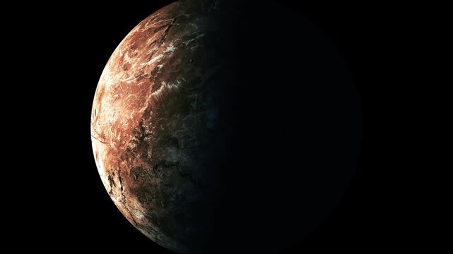 Dark rocky planet half lit against a black space background, showing a red brown surface and deep shadow