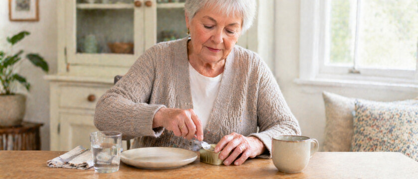 Elderly woman enjoying sardines at home dining table, peaceful afternoon setting