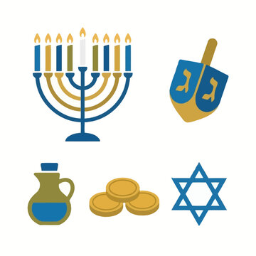 A Hanukkah menorah with lit candles alongside a dreidel, oil jug, gold coins and a Star of David