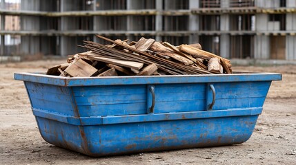 Fototapeta premium Overflowing blue construction waste skip bin filled with wooden debris in outdoor industrial setting