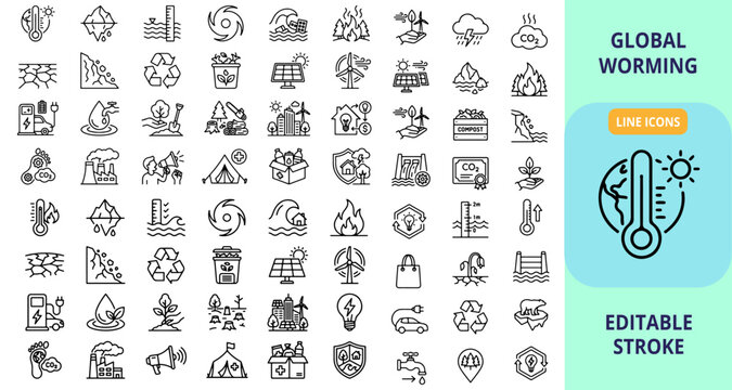Comprehensive collection of hand-drawn global warming and climate change line icons covering environmental impact renewable energy ecology with environment pollution sustainability