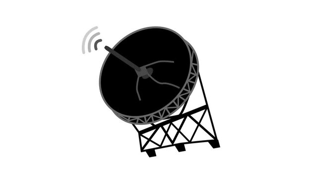 Simple satellite dish antenna icon with signal waves shown as a line drawing for communication and broadcast concepts animation