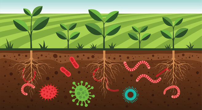 Soil ecosystem cross section vector illustration design featuring underground microorganisms earthworms and growing plant roots in field