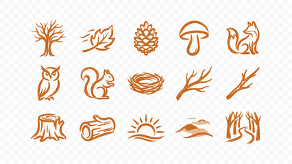 Fototapeta premium forest nature animals owl squirrel bird trees mushroom doodle handmade ink scribble flat line art vector illustration icon bundle set calligraphy drawing design woodland art