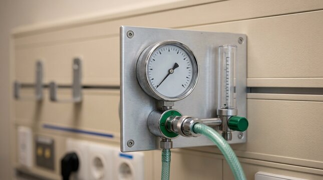 Central Oxygen Supply Gauge Panel Mounted above a Headwall Unit in a Patient Room - Hospital Emergency Medical Equipment Stock Photo