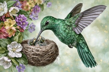 Fototapeta premium A vibrant green hummingbird carefully feeding its hungry chicks in a cozy nest surrounded by blooming flowers.