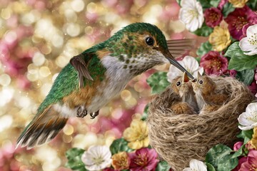 Fototapeta premium A mother hummingbird feeds her hungry chicks in a cozy nest surrounded by vibrant flowers and soft bokeh lights.