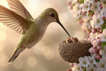 Fototapeta premium A mother hummingbird feeds her hungry chicks in a nest surrounded by delicate blossoms, a heartwarming moment of nature.