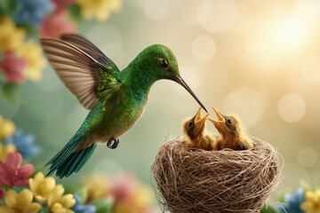 Fototapeta premium A vibrant green hummingbird feeds its hungry chicks in a cozy nest surrounded by colorful flowers and soft bokeh.