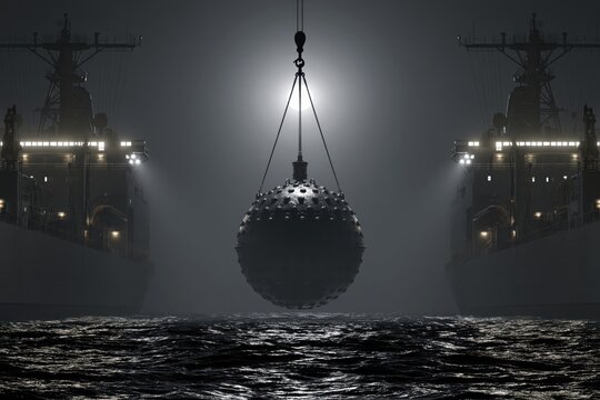 A naval mine suspended by a crane between two warships at sea during a foggy night operation.
