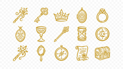 magic treasure crown key crystal ball amulet fantasy doodle handmade ink scribble flat line art vector illustration icon bundle set calligraphy drawing design mystical art © HASNA