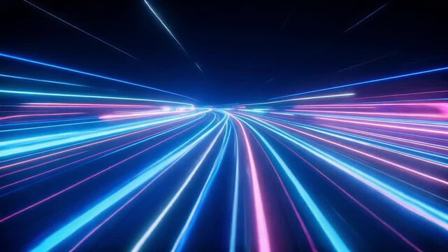 Glowing blue light streaks moving through a dark tunnel in this dynamic high speed motion video