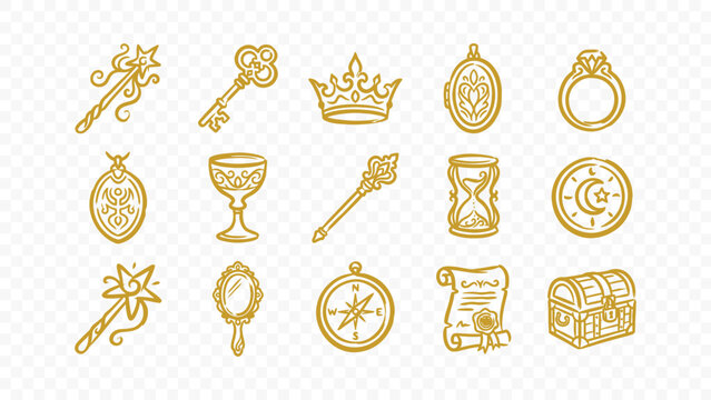 magic treasure crown key crystal ball amulet fantasy doodle handmade ink scribble flat line art vector illustration icon bundle set calligraphy drawing design mystical art