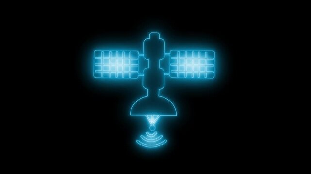 Glowing satellite icon with signal waves on a black background, simple futuristic space communication symbol animation