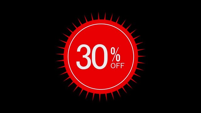 Red 30 Percent Off Discount Badge Animation on Black Background | Promotional Sale Sticker Motion Graphic | Animated 30% Off Sale Badge on Black Background