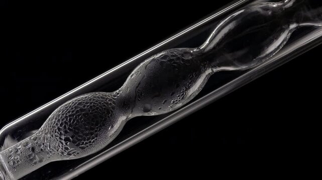 Close-up time lapse of perfectly clear liquid is being condensed on walls of the bulb lab condenser on matte black background
