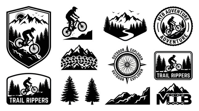 Mountain biking adventure badges and trail rider silhouettes.
