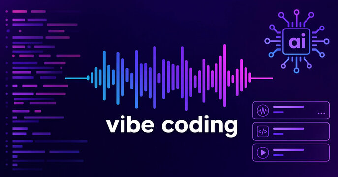 Vibe coding artificial intelligence concept with audio waveform, AI chip icon, and computer code on dark neon background