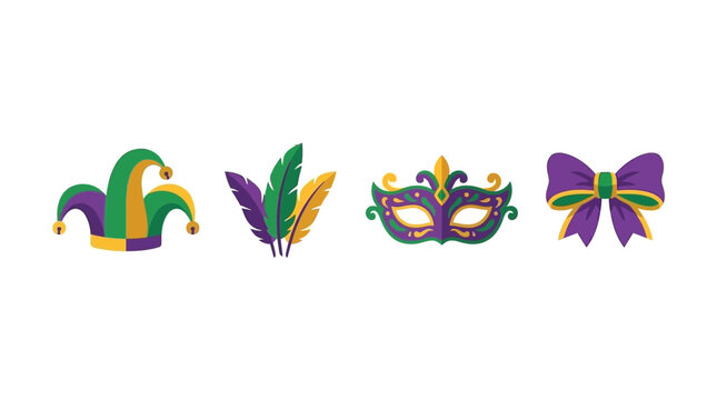 A festive set of Mardi Gras icons including a jester hat and mask