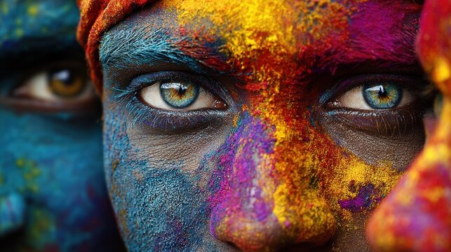 Close up of faces covered in blue and yellow Holi powder. People celebrating the Indian festival of colors together. Traditional concept for Holi Diwali and Navratri