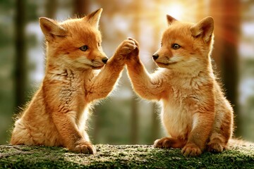 Obraz premium Two adorable fox cubs giving a high five in a sun-drenched forest clearing, showcasing friendship and nature's beauty.