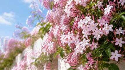 Fototapeta premium Flowers cover a wall in a garden with pink and white petals. The sun shines brightly creating a vibrant scene filled with colors. Bees gather around the blooms, enjoying the sweet nectar.